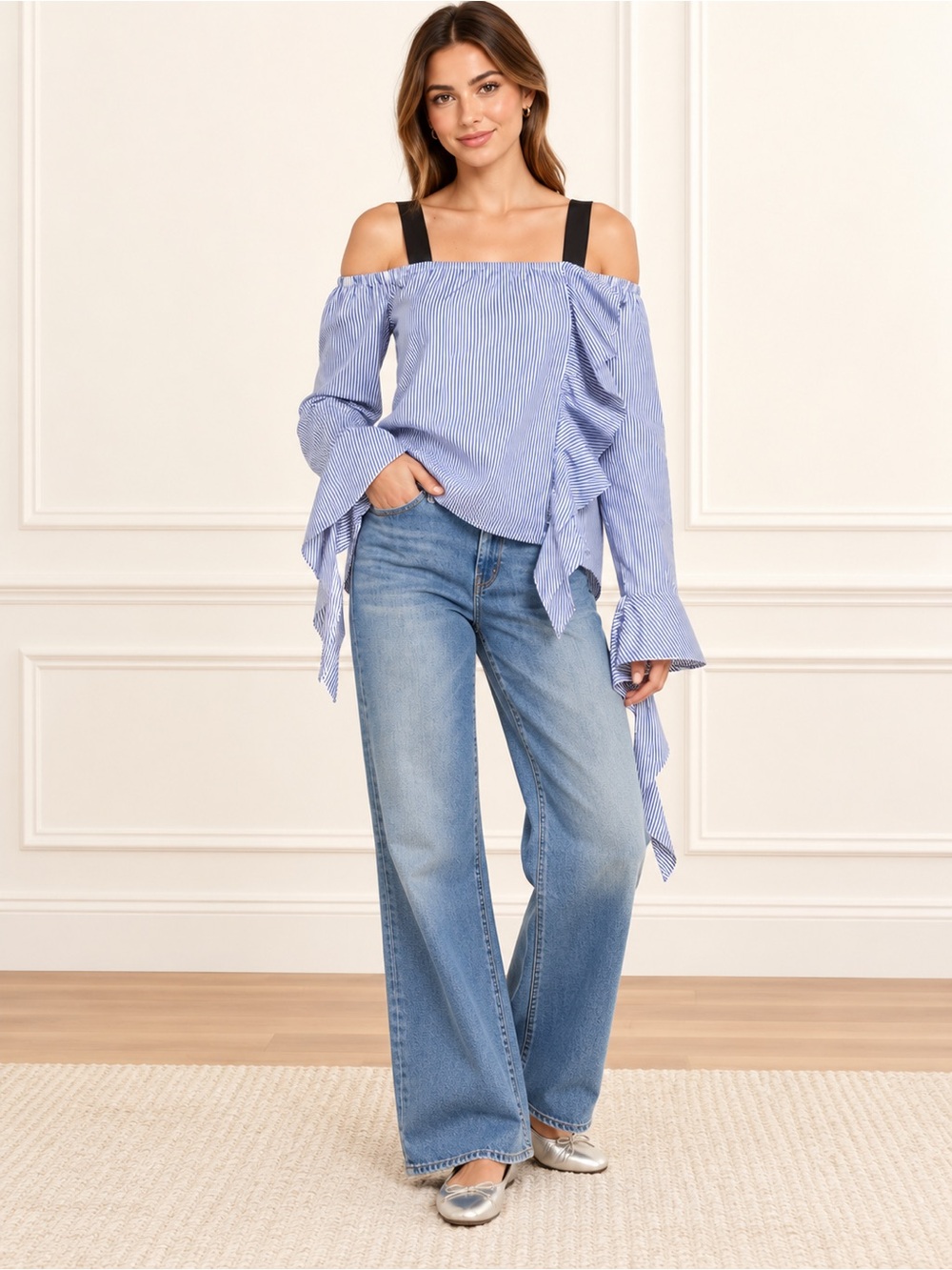 Leith Striped Off Shoulder Ruffle Bell Sleeve Top Blue White XS NWT Coquette
